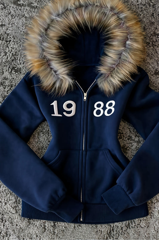 Number Graphic Faux Fur Trim Zip Hoodie
