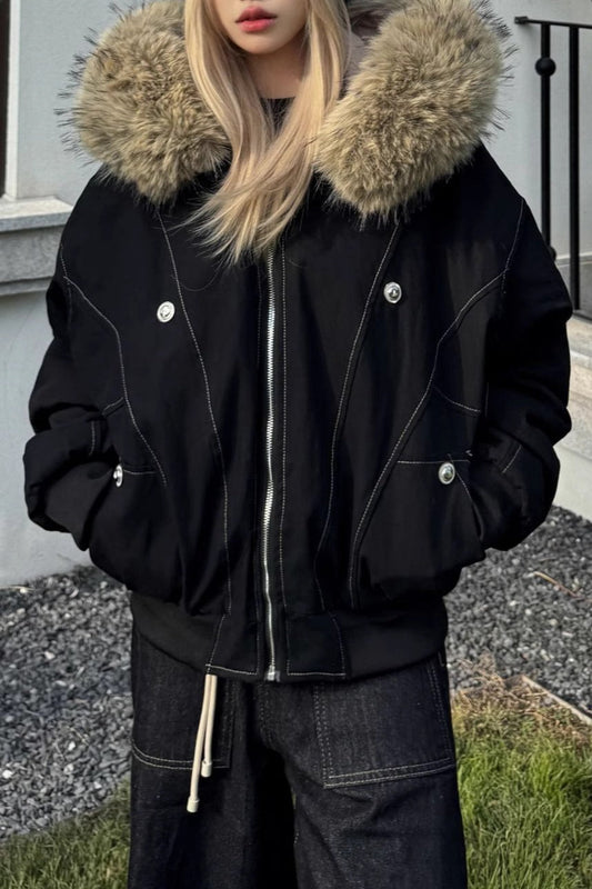 Black Short Puffer Fur Collar Jacket S / Black