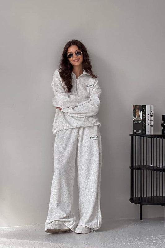 Letter Print Half-Zip Hoodie Loose Straight Pants Two Piece Set