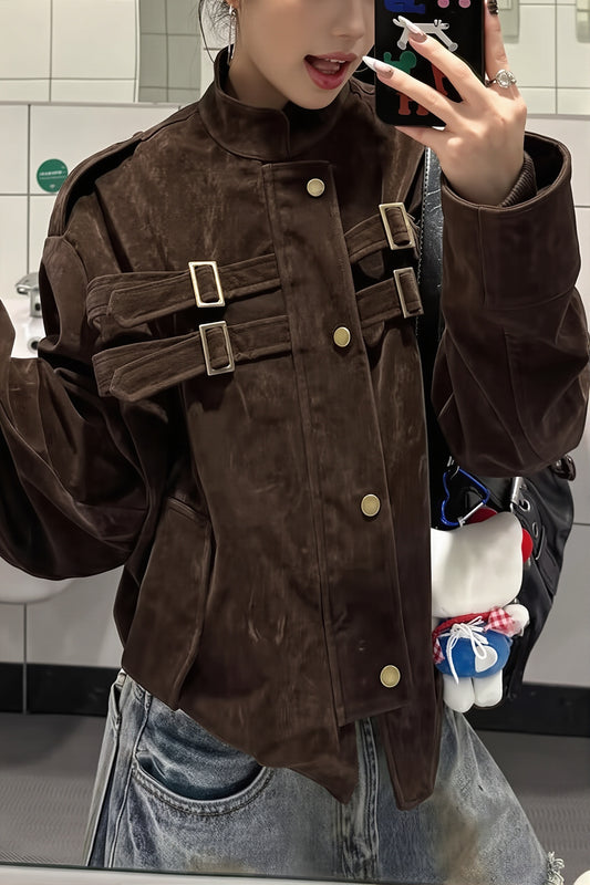 Buckle Pocket Stand Collar Suede Jacket