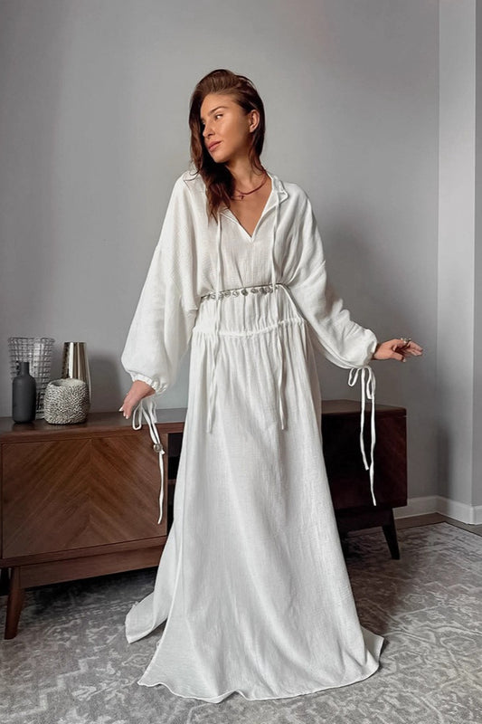 Cotton Cutout Tie Waist Long Sleeve Maxi Dress