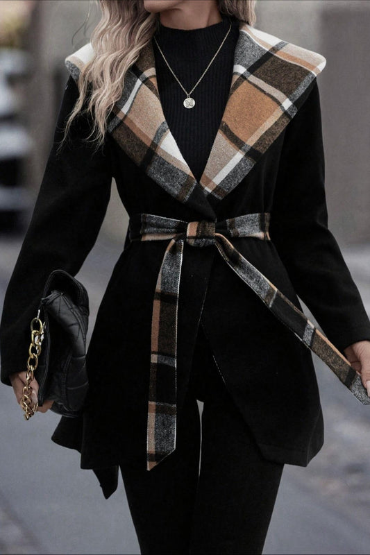 Plaid Patchwork Belted Wool Coat Black / XS coats