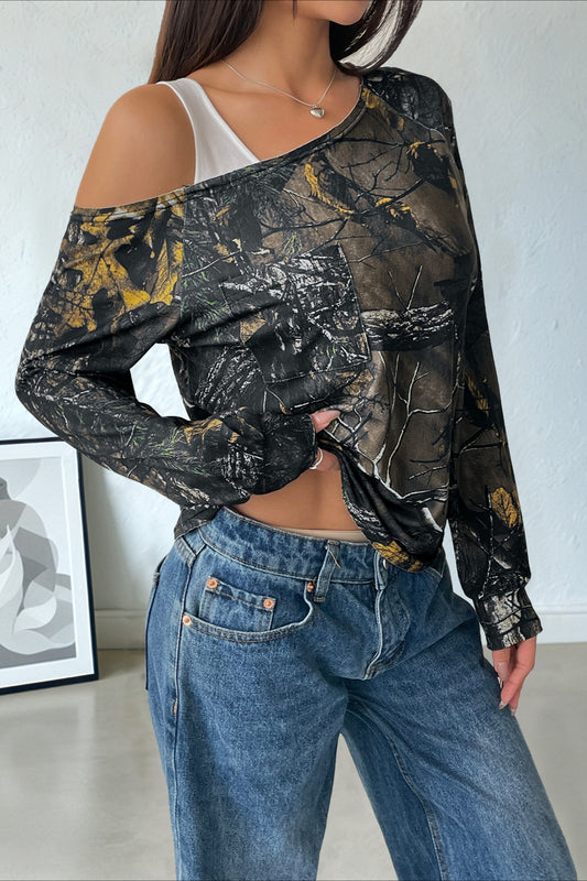 Patchwork Layered Asymmetrical Shoulder Long Sleeve Tee