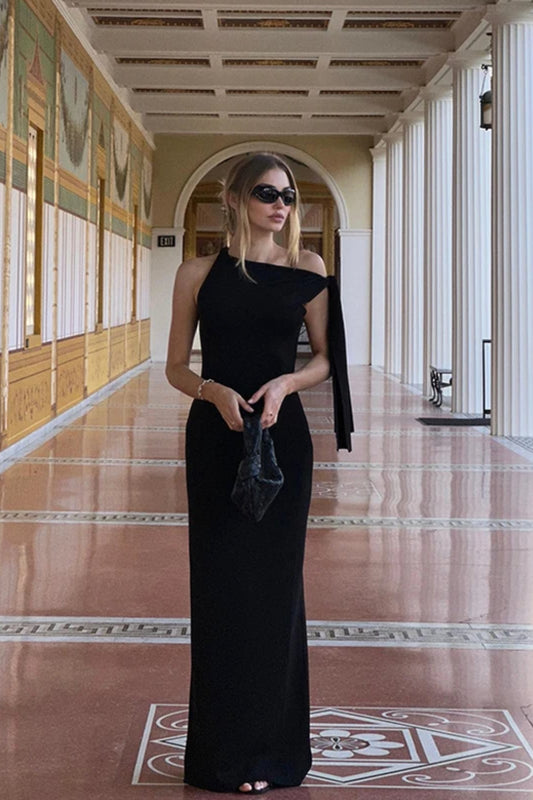 Robe longue ajustée unie à col rond en jersey