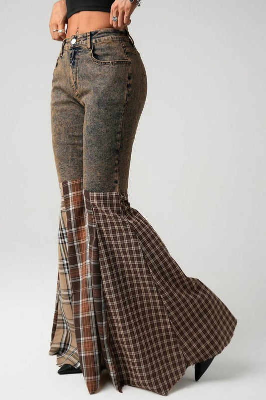 Jean évasé taille haute à carreaux