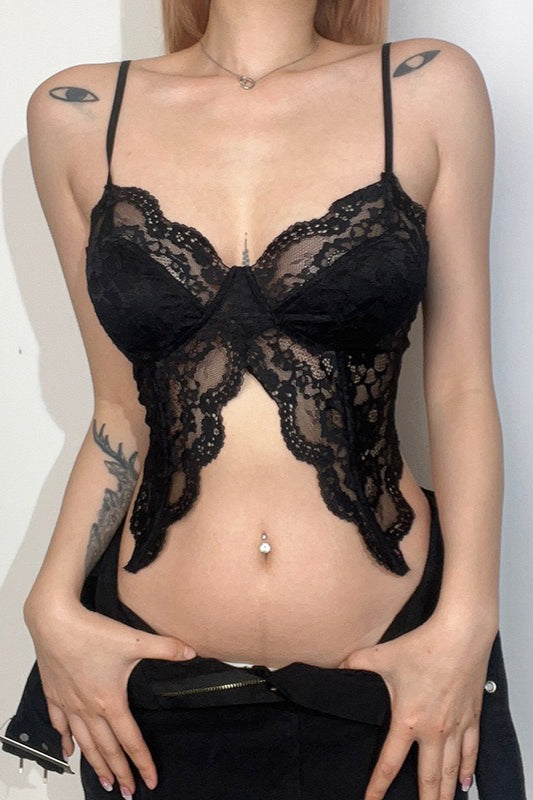 Sexy Sheer Lace Ruffle Butterfly Cami Top