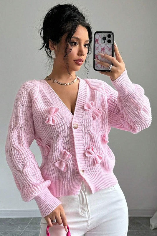 Bow Applique V Neck Button Knit Cardigan