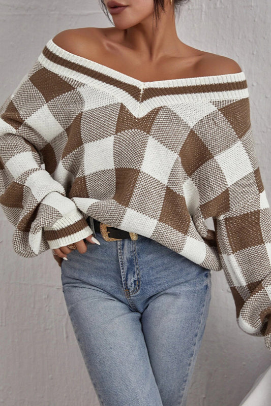 Plaid V-Neck Loose Long Sleeve Knit Sweater