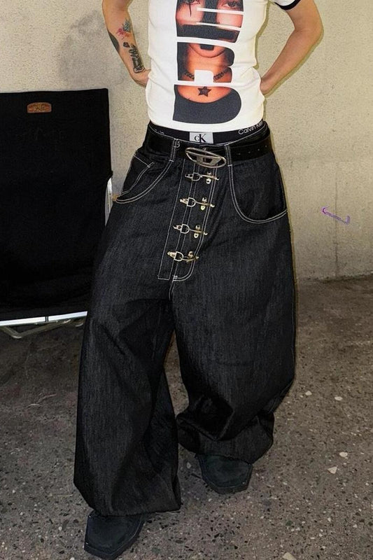 Jean large délavé à braguette boutonnée