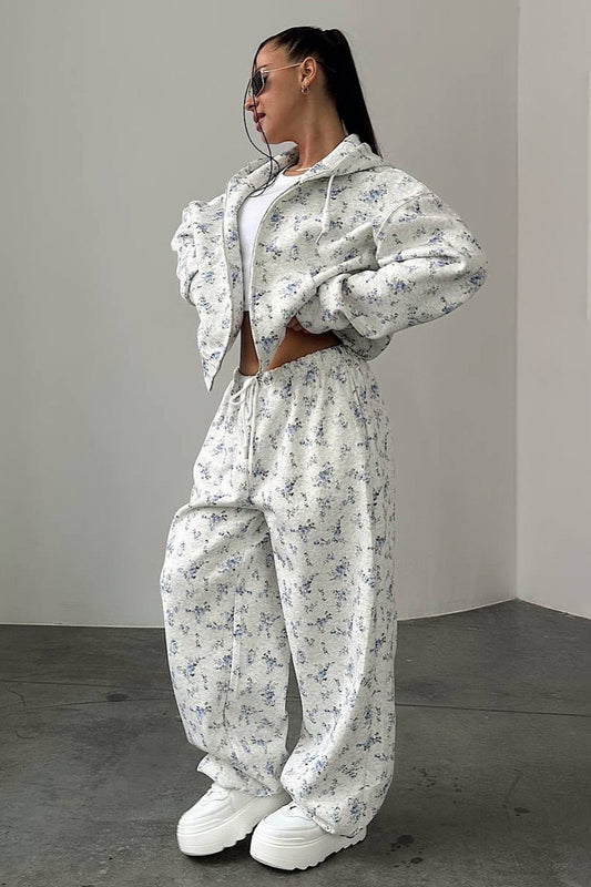 Ensemble deux pièces à capuche court et zippé à fleurs, pantalon large à cordon de serrage