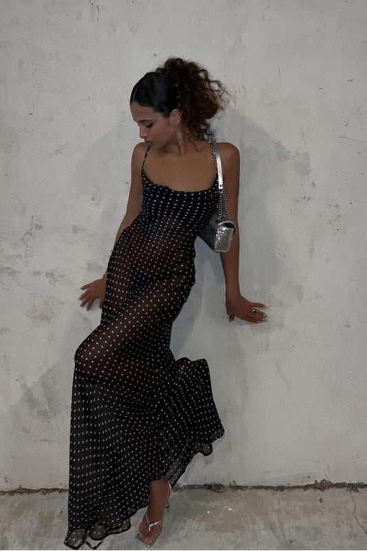 Robe longue dos nu à pois et col carré