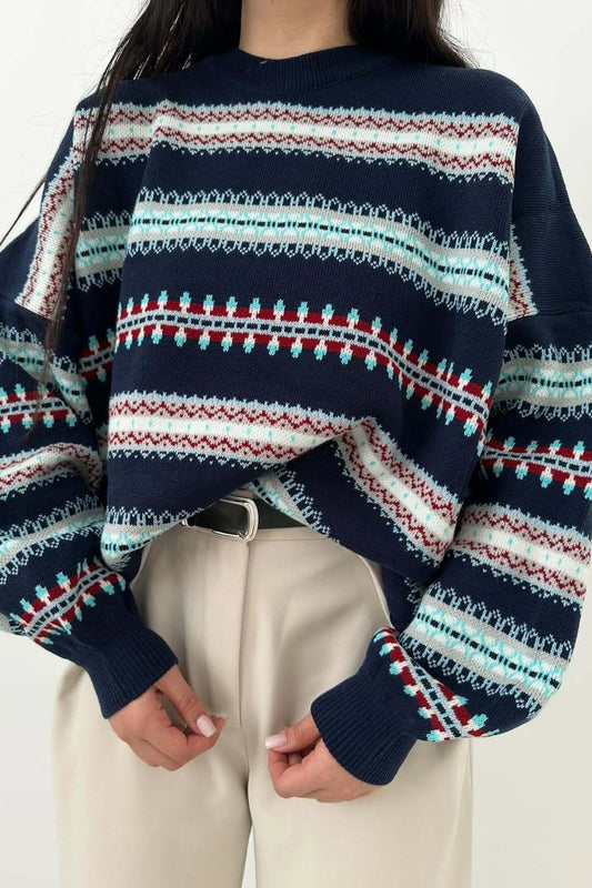 Fair Isle Jacquard Stripe Color Block Knit Sweater