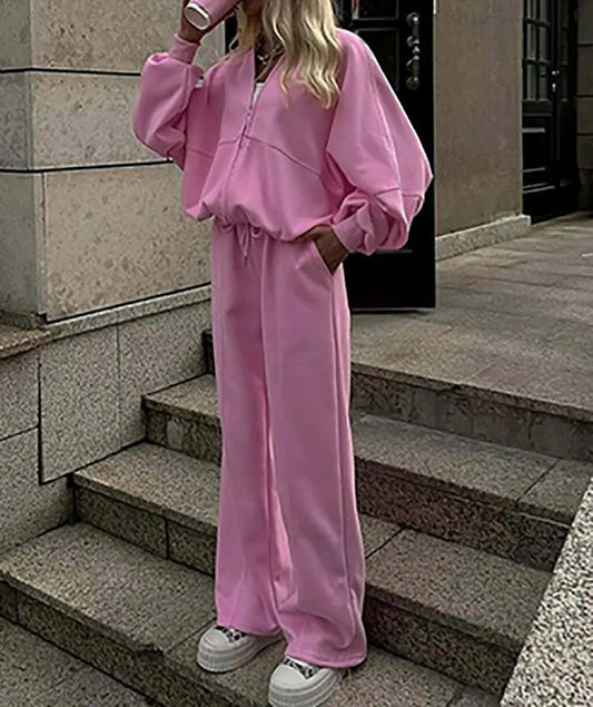 Ensemble de bureau deux pièces rose ample avec fermeture éclair et cordon de serrage