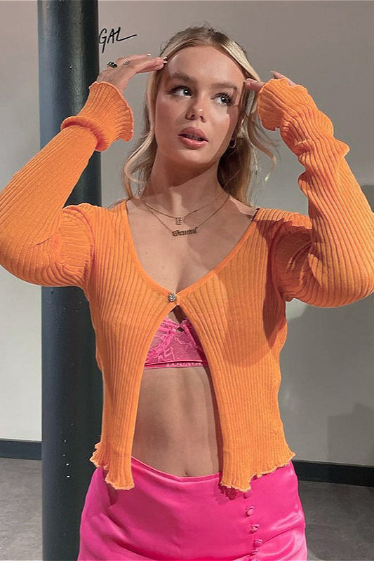 Single Button Crew Neck Solid Color Crop Long Sleeve Cardigan Orange / S