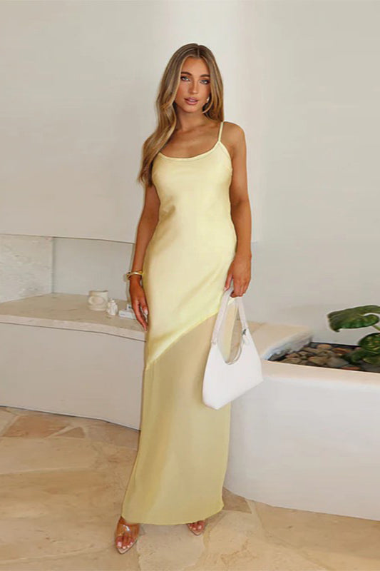 Robe longue élégante ajustée en satin et maille