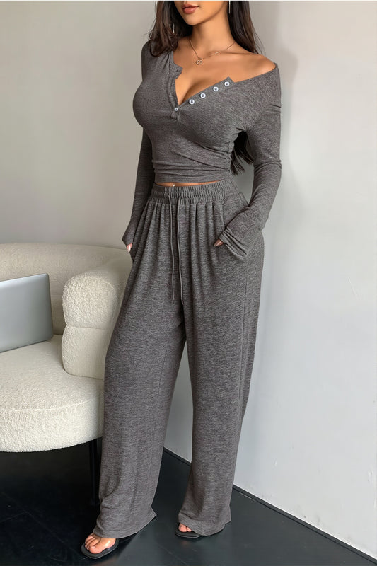 Basic Button Front Off Shoulder Pants Set