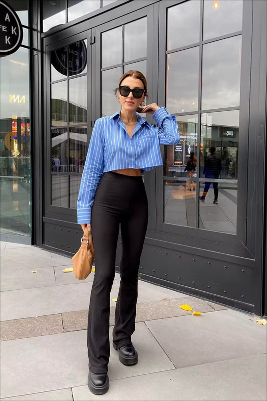 Striped Long Sleeve Loose Short Shirt Blouse