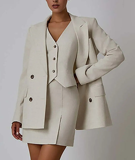 Ensemble deux pièces slim à manches longues et col en V pour le bureau, couleur abricot