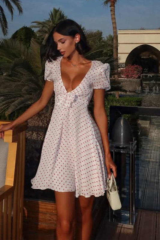 Sexy Deep V Puff Sleeve High Waist Polka Dot Mini Dress