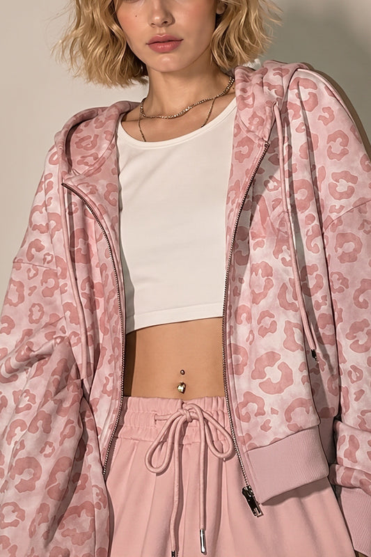 Pink Leopard Print Cropped Zip Hoodie