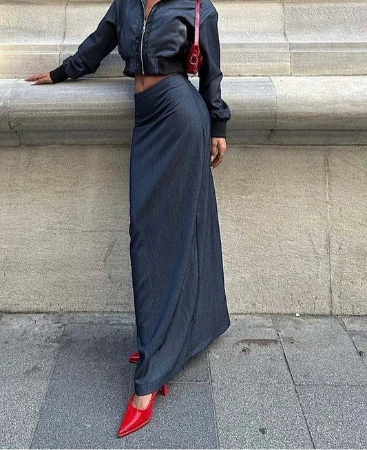 Ensemble deux pièces bleu à fermeture éclair et taille basse pour le bureau