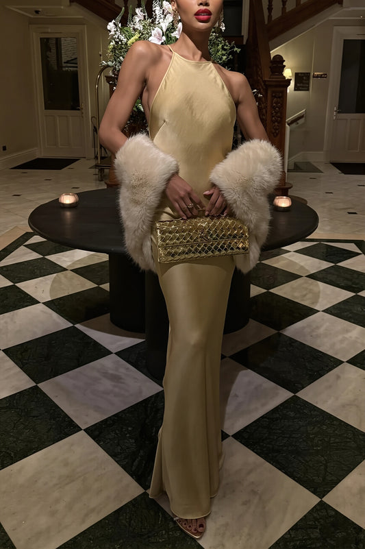 Satin Halter Open Back Fishtail Maxi Dress