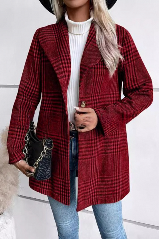 Plaid Tweed Notch Lapel Slim Elegant Outerwear
