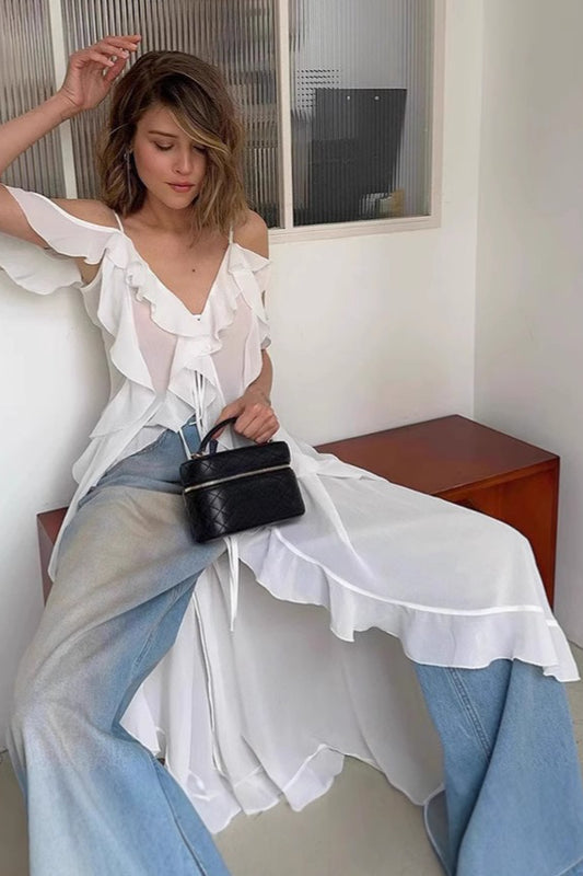 Tie V Neck A Line Ruffle Chiffon Cami Top