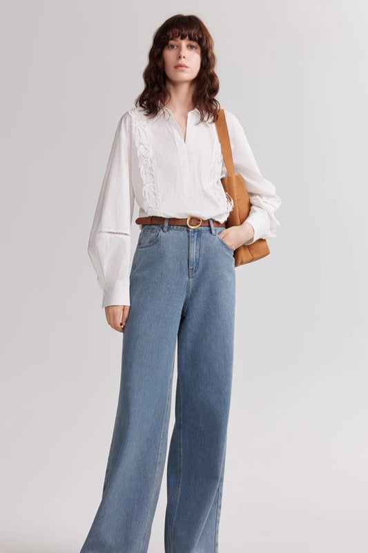 Chemisier ample brodé en dentelle blanche de style français