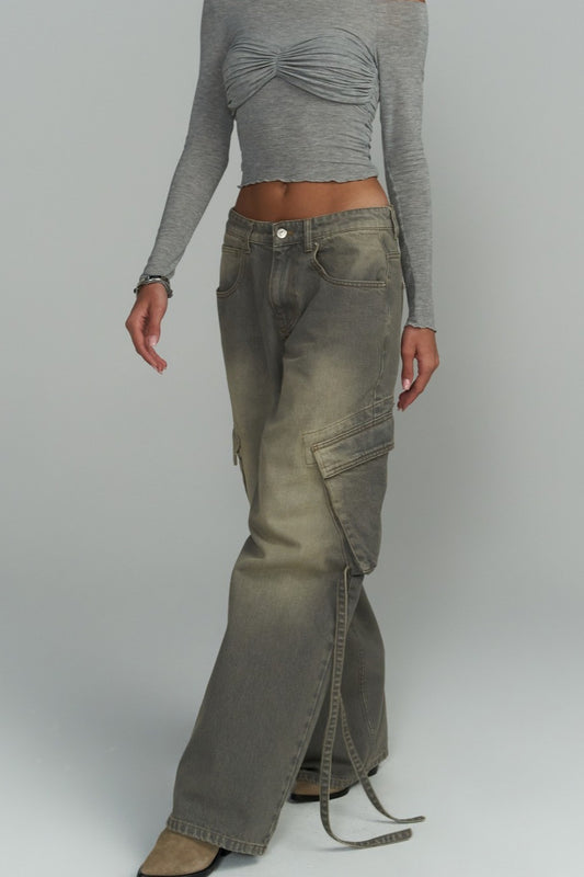 Jean vintage à jambe large et poches plaquées