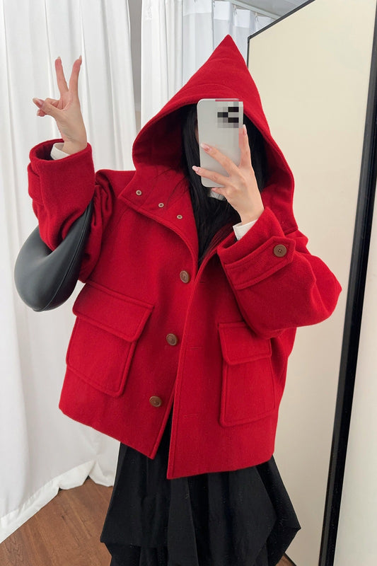 Solid Pointed Hood Button Chic Coat