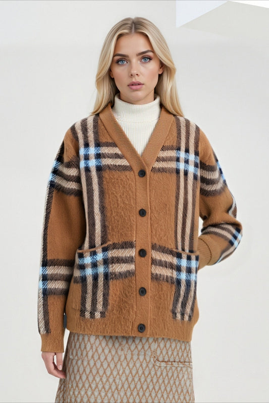 Plaid Retro Loose Plus Size V Neck Knit Cardigan