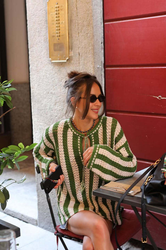 Green White Vertical Stripe Tie Waist Knit Sweater