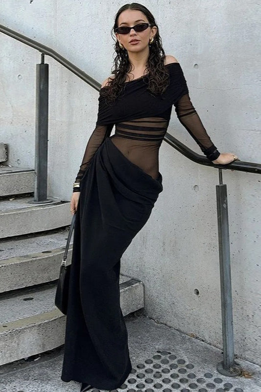 Off Shoulder Sheer Mesh Long Sleeve Maxi Dress