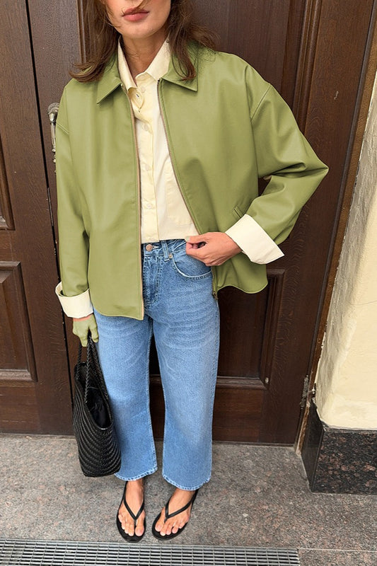 Veste pilote en cuir vert coupe ample