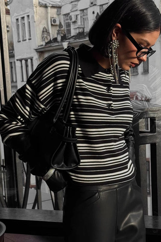 Vintage Striped Knit Polo Sweater Black / S