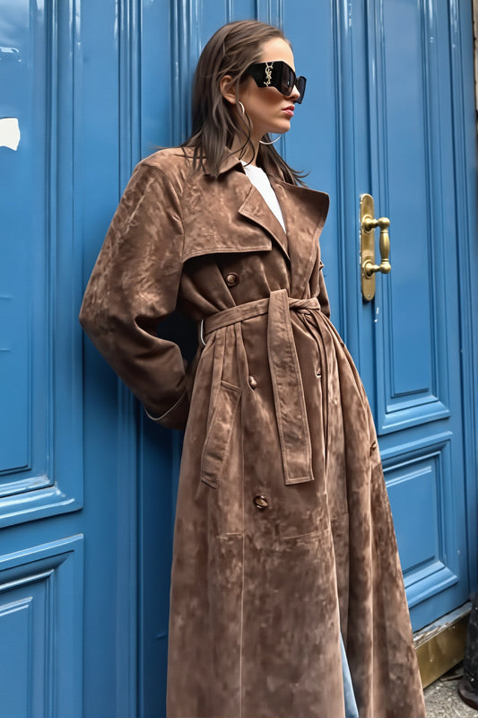 Suede Look Single Breasted Long Coat