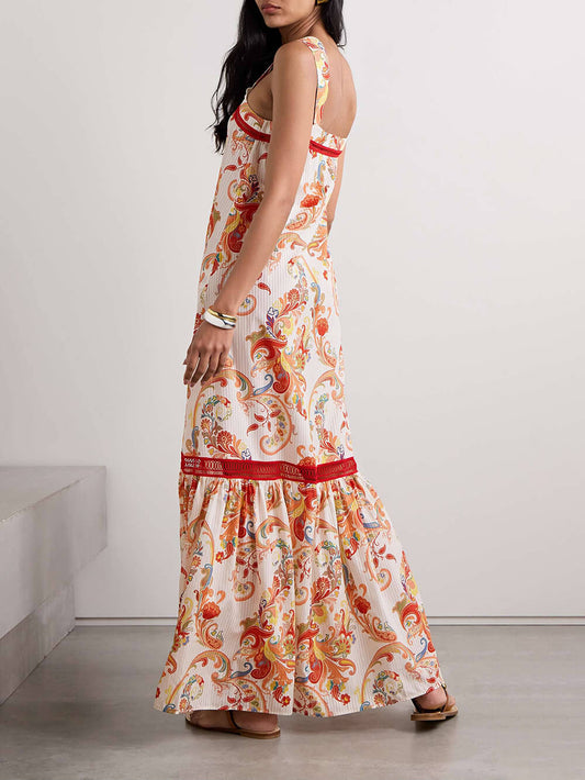 Modern Exquisite Paisley Crochet Graceful Trim Print Maxi Dress Dresses
