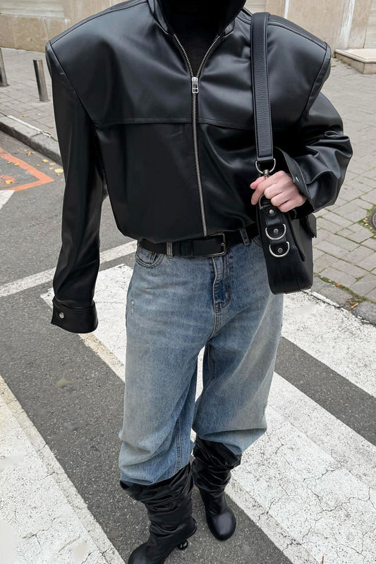 Veste de moto en cuir à col montant