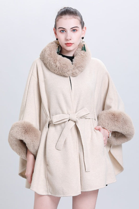 Fur Collar Tie Knitted Cardigan Loose Wool Blend Cape Coat