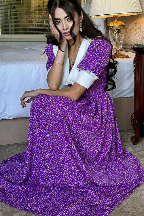 Purple Tie Waist Short Sleeve Babydoll Floral Dress