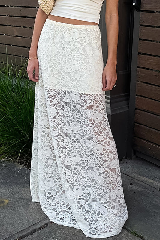 Jupe trapèze taille haute en dentelle blanche transparente