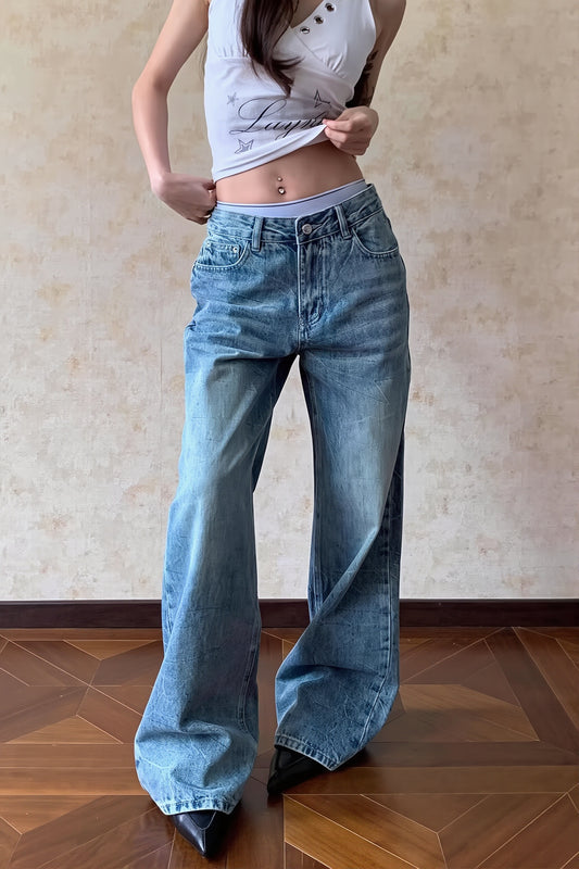 Flap Pocket Faded Wide Leg Jeans