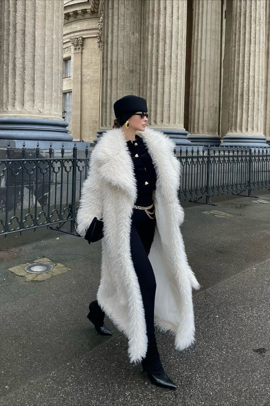 Long White Over the Knee Eco Faux Fur Thick Overcoat