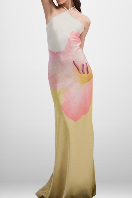 Robe longue moulante dos nu à imprimé floral