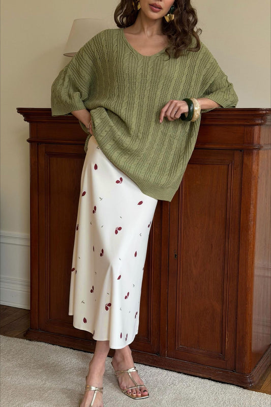Floral Print Satin A-Line Midi Skirt