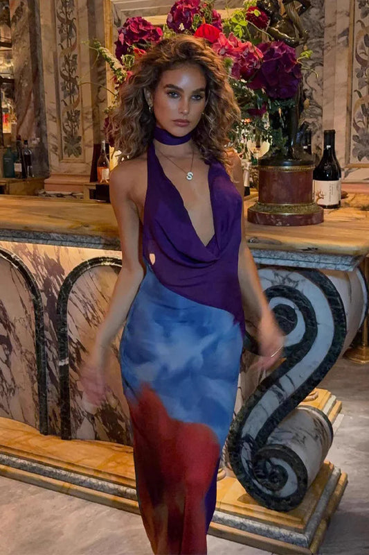 Robe longue dos nu à blocs de couleurs