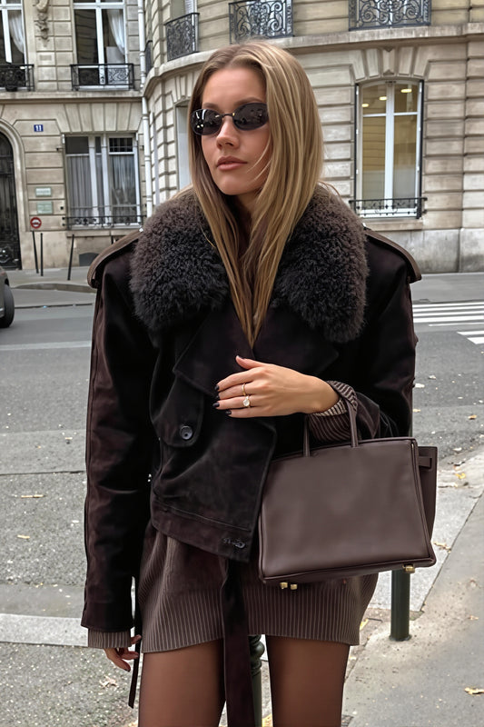 Faux Fur Collar Belted Suede Look Jacket
