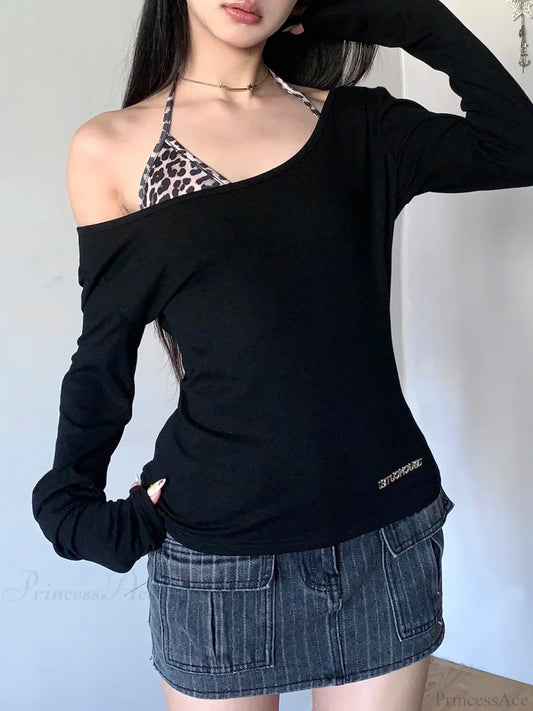 2 Piece Leopard Skew Collar Long Sleeve Tee and Halter Bra Set Black / S knittop-250126