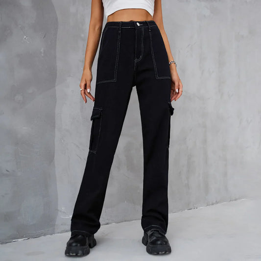 2024 Vintage Baggy Wide Leg Streetwear Straight Denim Pockets Cargo Jean Black / S